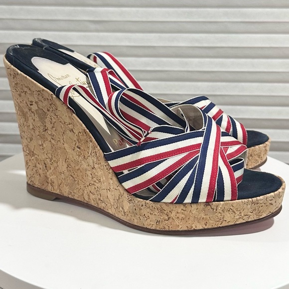 🌺CHRISTIAN LOUBOUTIN 🌺 Red White Blue Cork Wedges Size: 37.5 - Picture 4 of 11
